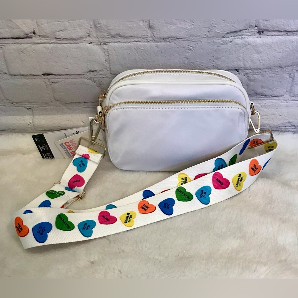 Ahdorned Printed Conversation Hearts Strap White Crossbody NWT